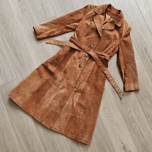 Vintage 100% Suede Leather Belted Trench Coat, Rust Western Boho 70s Jacket, S/M